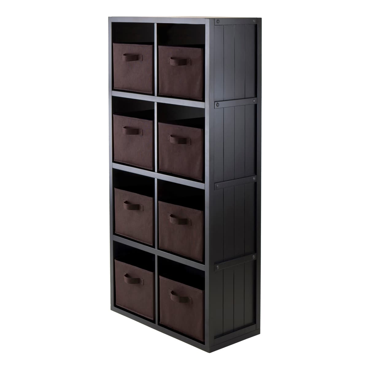 Timothy 8-Cube Storage Shelf with 8 Foldable Fabric Baskets, 53" High, 26" Wide, Black and Chocolate