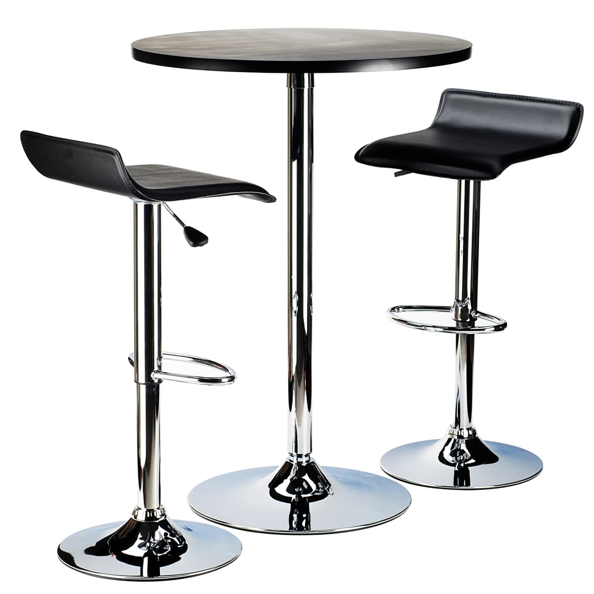 Spectrum Round Pub Table with 2 Height-Adjustable Swivel Stools, 33" High, Black and Chrome