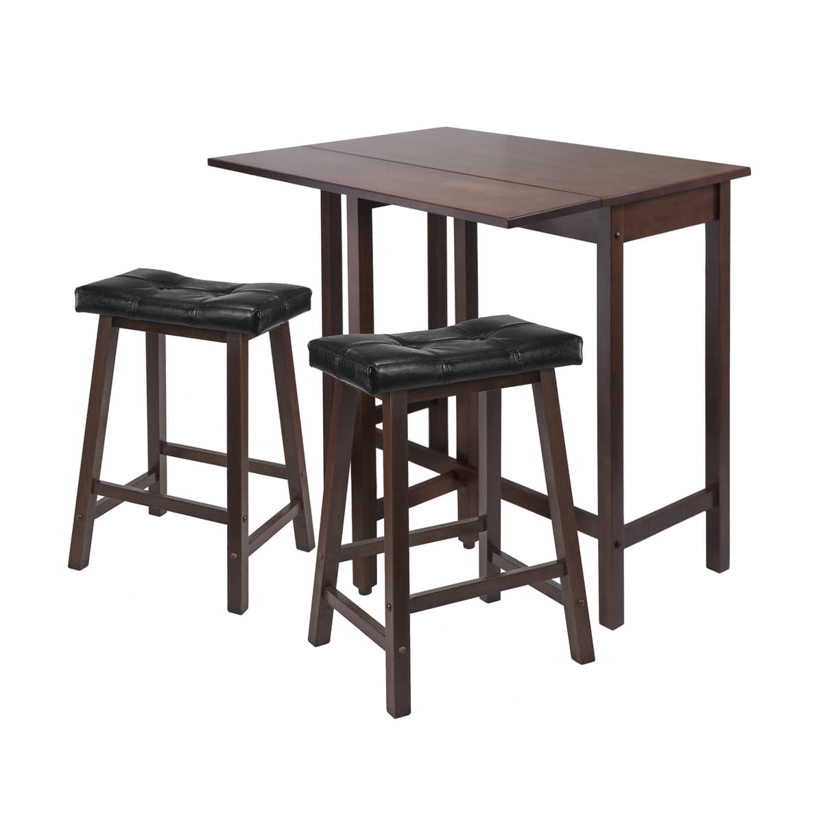 Lynnwood 3-Pc Drop Leaf Table with Cushion Saddle Seat Counter Stools, Walnut and Black
