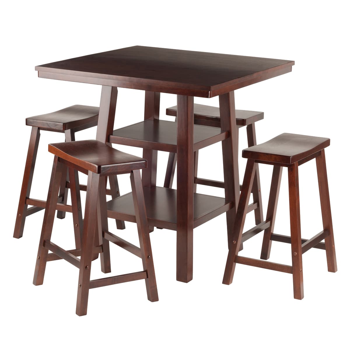 Orlando High Table with 4 Saddle-Seat Counter Stools, 36" High, 34" Wide, Walnut