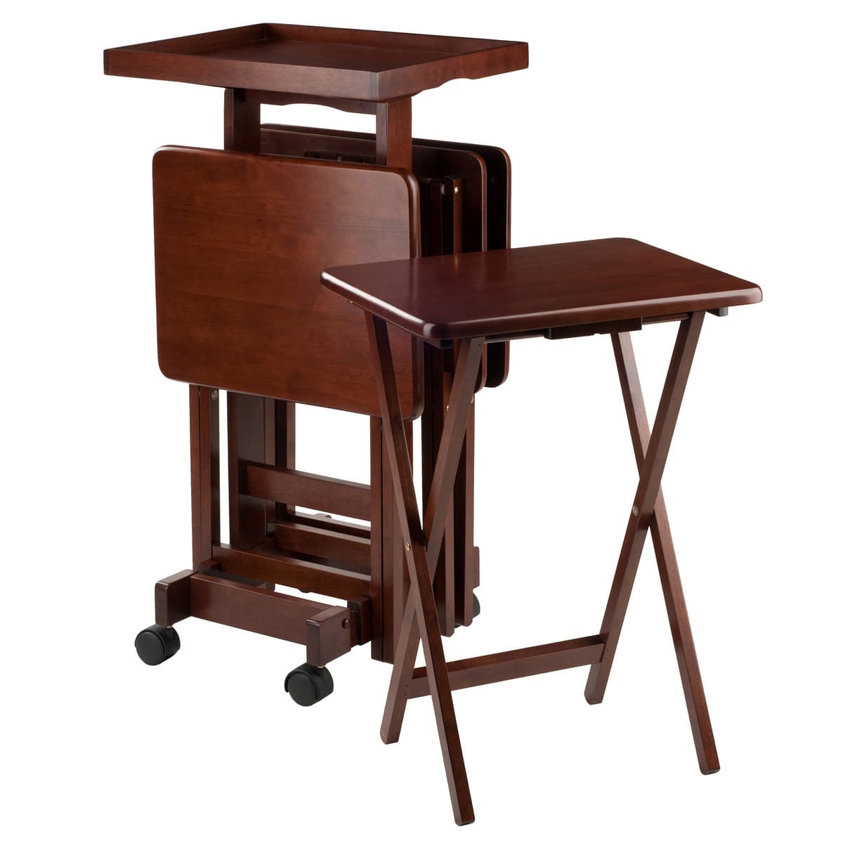 Isabelle Set of 4 Snack Tables with Mobile Stand and Removable Tray, Walnut