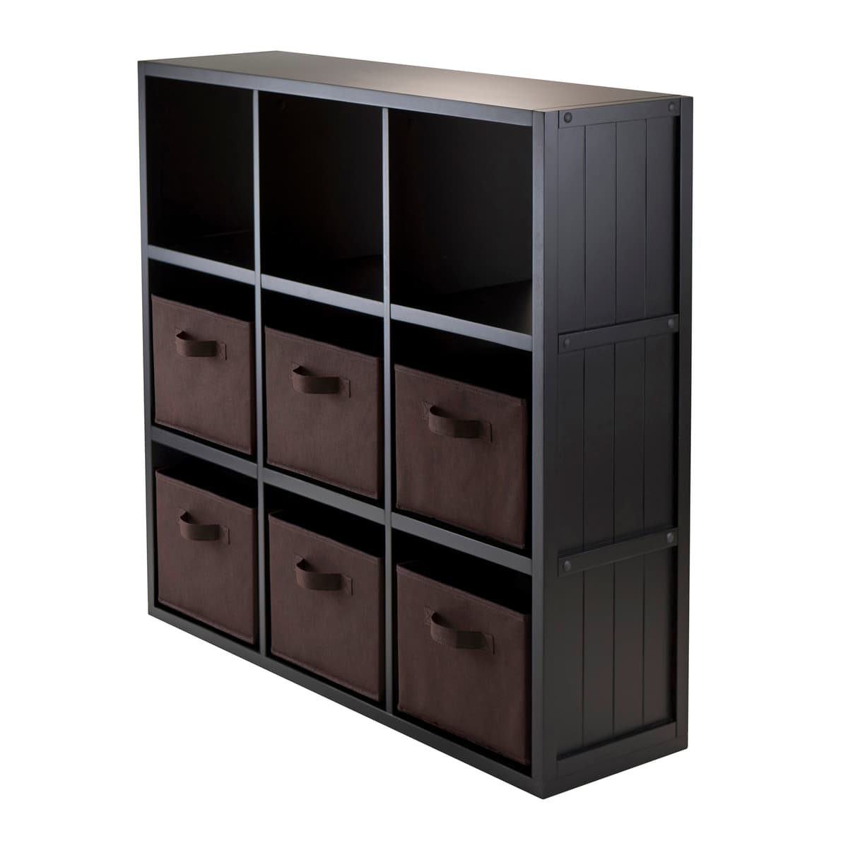 Timothy 9-Cube Storage Shelf with 6 Foldable Fabric Baskets, 38" Wide, Black and Chocolate