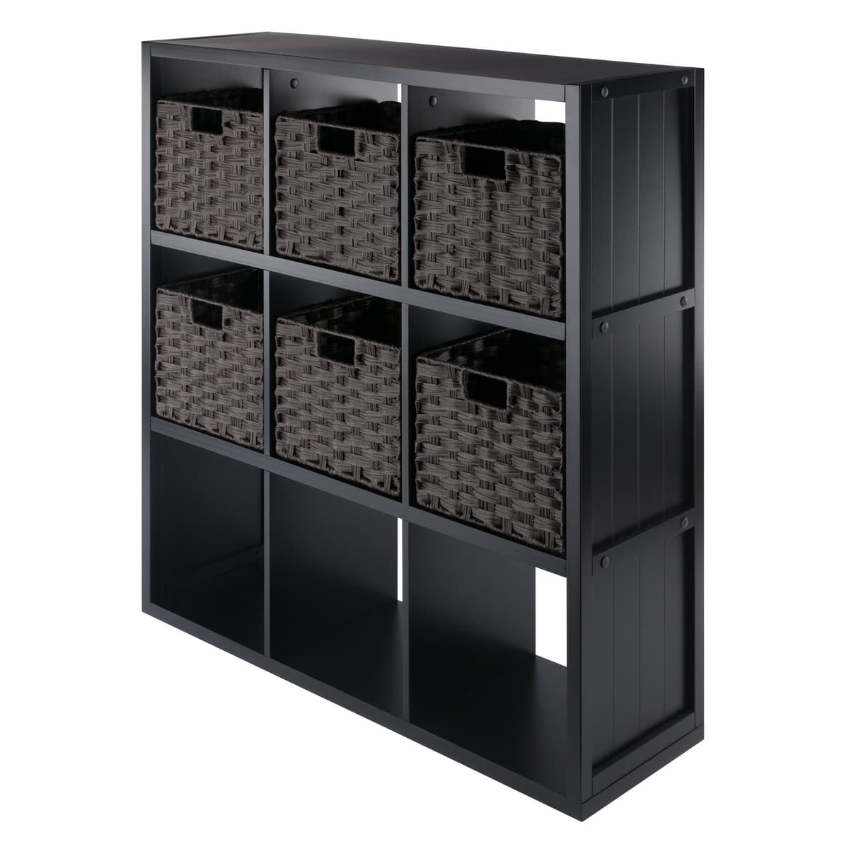 Timothy 9-Cube Storage Shelf with 6 Foldable Woven Baskets, 38" Wide, 40" High, Black and Chocolate