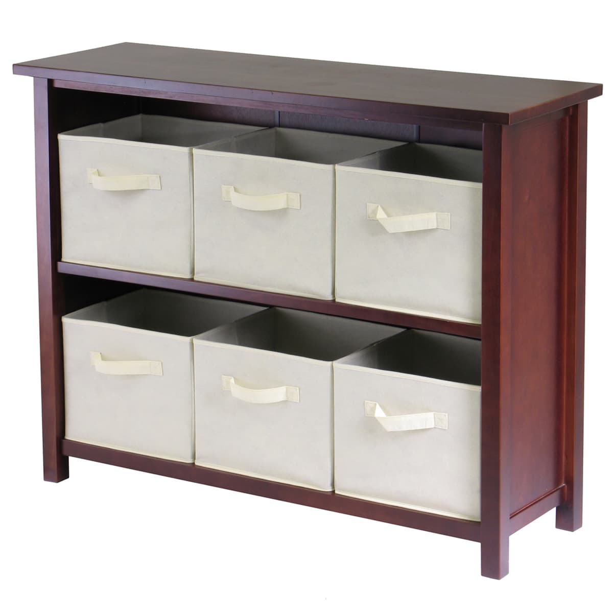 Verona 7-Pc Storage Shelf with 6 Foldable Fabric Baskets, Walnut and Beige