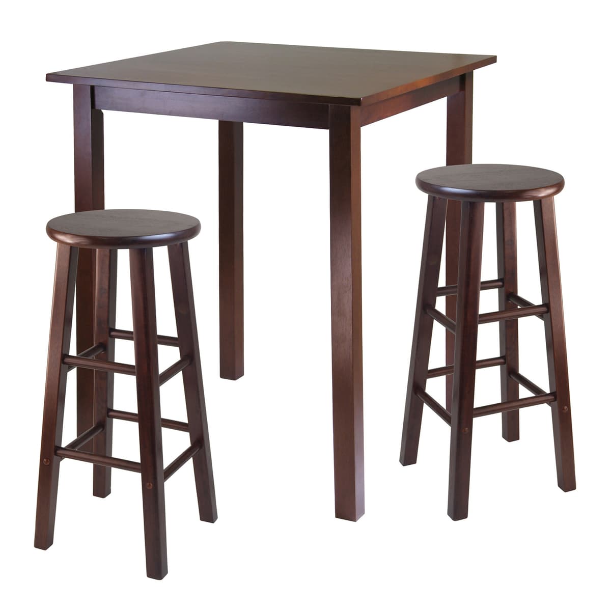 Parkland High Table with 2 Round Bar Stools, 39" High, 34" Wide, Walnut