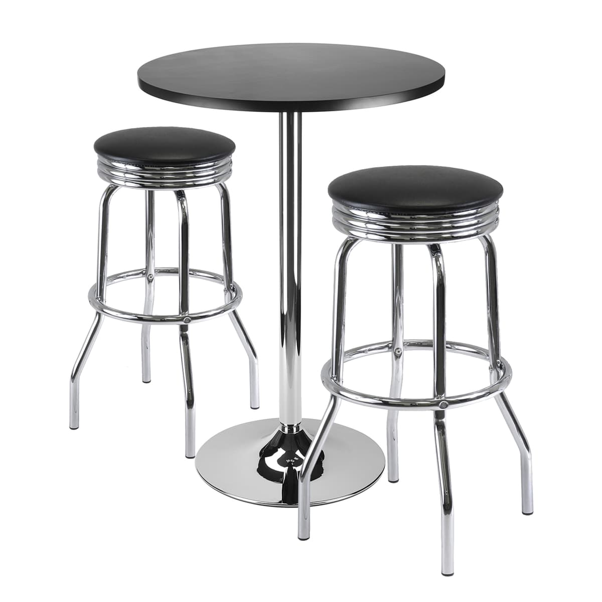 Summit Round Pub Table with Swivel Seat Bar Stools, 40" High, 24" Wide, Black and Chrome