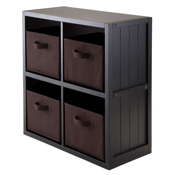 Timothy 5-Pc 2x2 Storage Shelf with 4 Foldable Fabric Baskets, Black and Chocolate