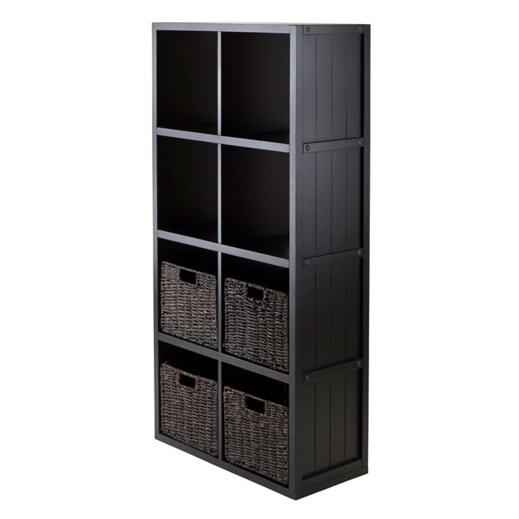 Timothy 5-Pc 4x2 Storage Shelf with 4 Foldable Corn Husk Baskets, Black and Chocolate