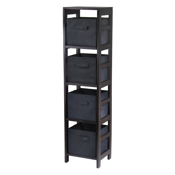 Capri 5-Pc 4-Tier Tall Storage Shelf with 4 Foldable Fabric Baskets, Espresso and Black