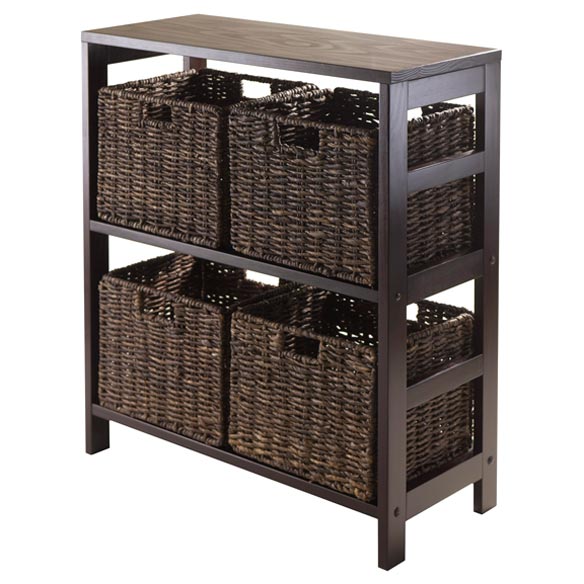 Granville 5-Pc 2-Tier Storage Shelf with 4 Foldable Corn Husk Baskets, Espresso and Chocolate
