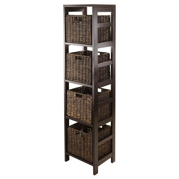 Granville 5-Pc 4-Tier Storage Shelf with 4 Foldable Corn Husk Baskets, Espresso and Chocolate