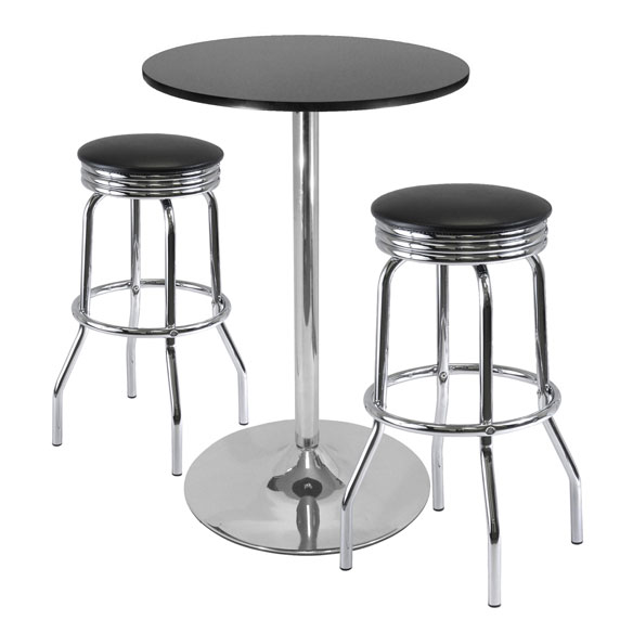 Summit 3-Pc Bar Height Table with 2 Swivel Seat Stools, Black and Chrome