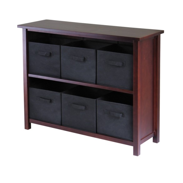 Verona 7-pc Wide Storage Shelf with 6 Foldable Fabric Baskets, Walnut and Black