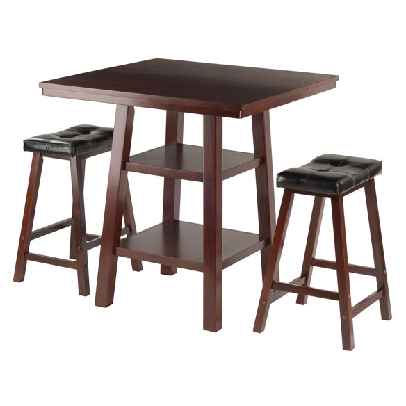 Orlando 3-Pc High Dining Table with 2 Cushion Saddle Seat Counter Stools, Walnut and Black