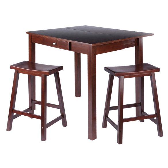 Perrone 3-Pc High Drop Leaf Dining Table with 2 Saddle Seat Counter Stools, Walnut