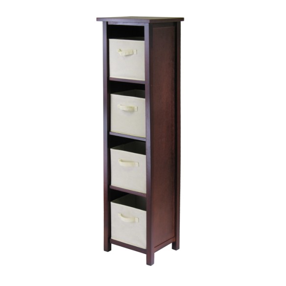 Verona 5-Pc 4-Tier Storage Shelf with 4 Foldable Fabric Baskets, Walnut and Beige