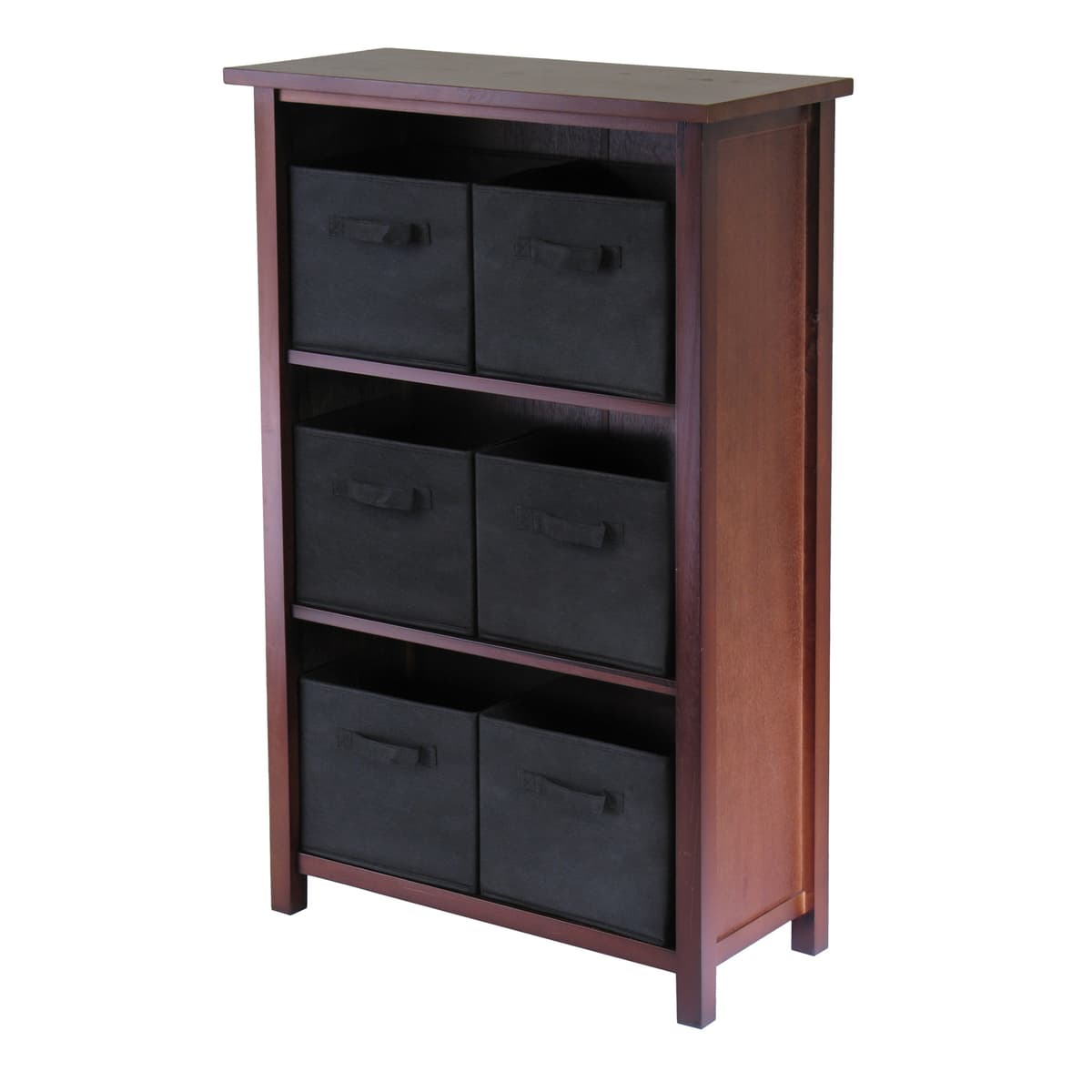 Verona 7-Pc Storage Shelf with 6 Foldable Fabric Baskets, Walnut and Black