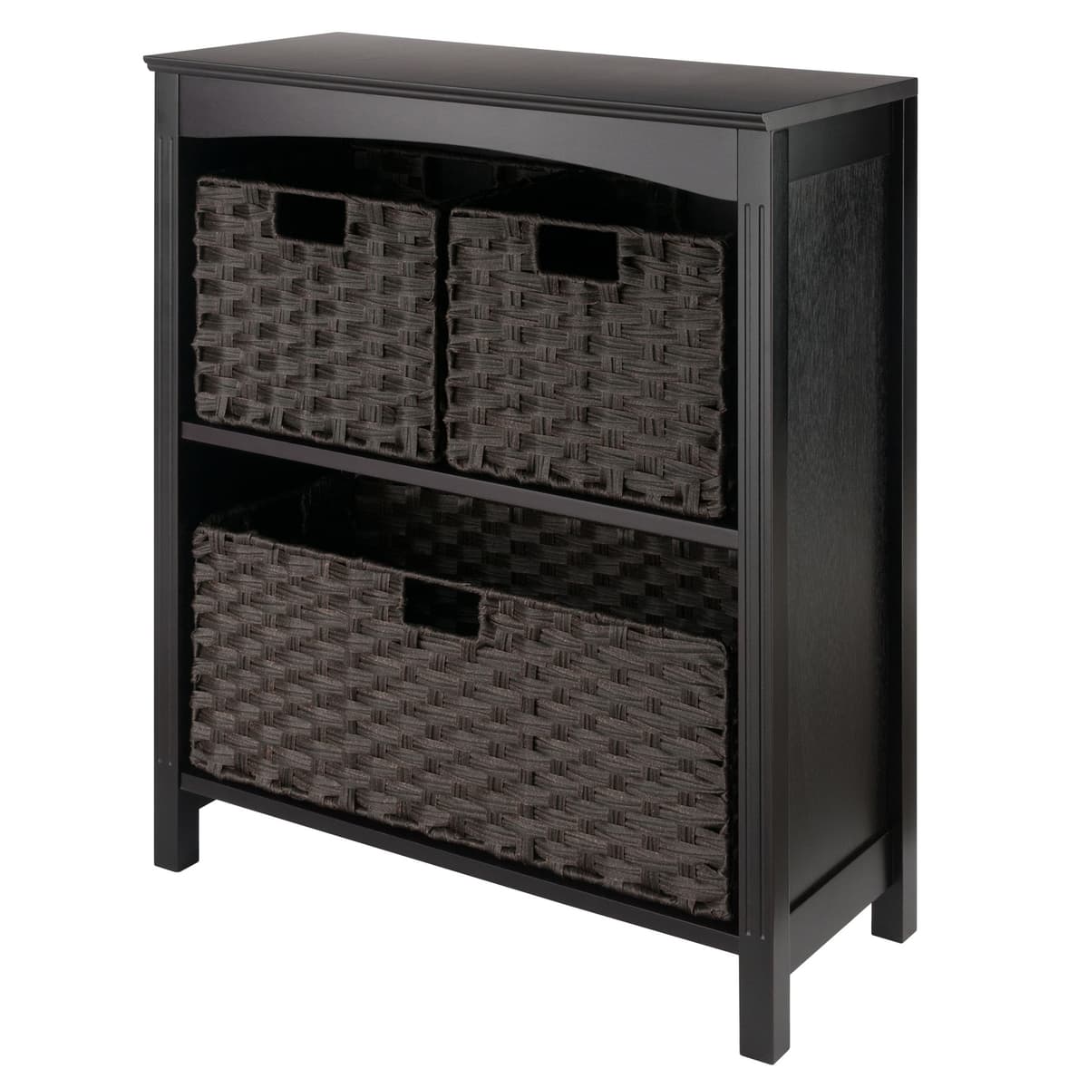 Terrace 2-Section Storage Shelf with 3 Foldable Woven Baskets, 26" Wide, Walnut and Chocolate