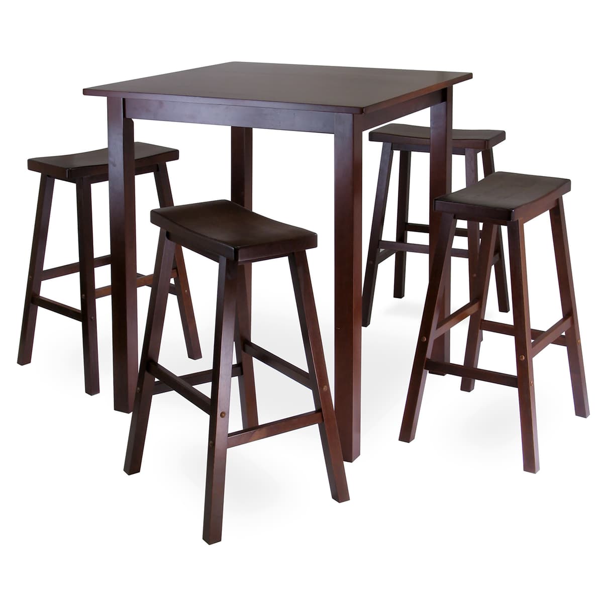 Parkland High Table with 4 Saddle-Seat Bar Stools, 39" High, 34" Wide, Walnut