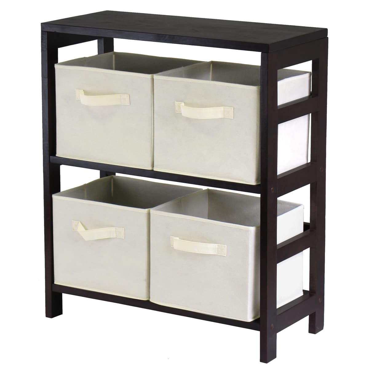 Capri 5-Pc Storage2- Shelf with 4 Foldable Beige Fabric Baskets, Espresso and Beige